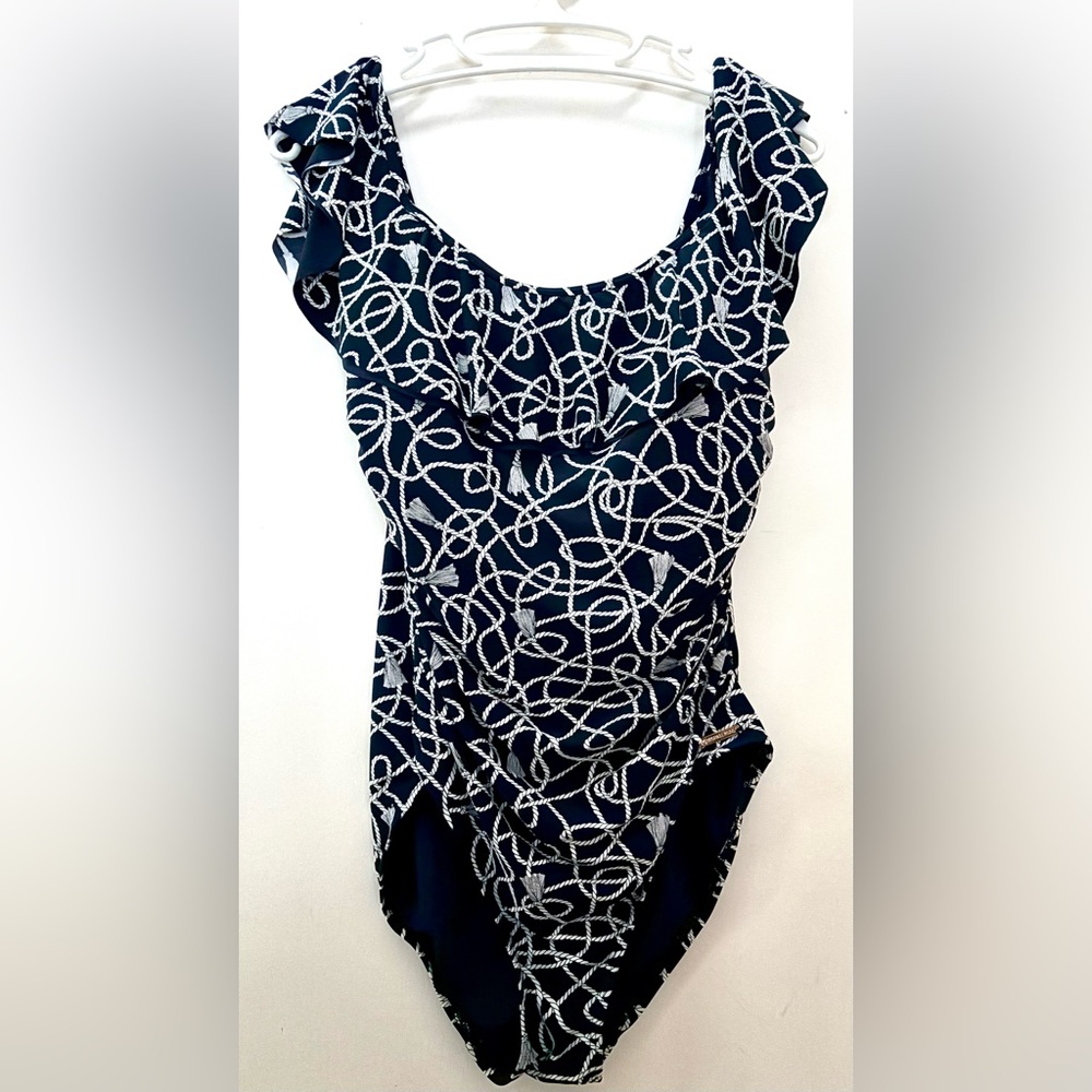 Ladies Michael Kors Navy/White Rope Pattern Ruffle Cap Sleeve Swimsuit Size 14